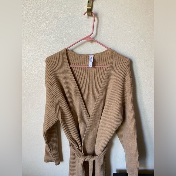 Amadi Anthropologie Women’s Alma Cozy Cardigan Ribbed Belted Tan Size L - Picture 6 of 10